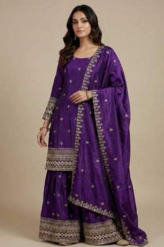 Purple designer chinon sequins embroidered work readymade suit