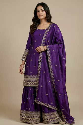 Purple designer chinon sequins embroidered work readymade suit
