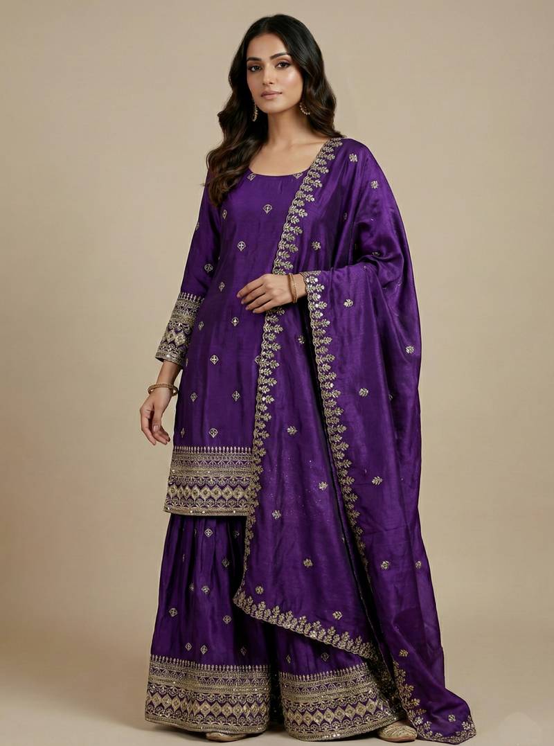Purple designer chinon sequins embroidered work readymade suit