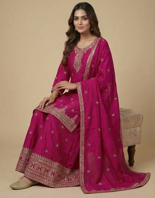 Pink designer chinon sequins embroidered work readymade suit 2