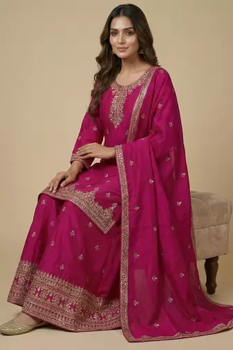 Pink designer chinon sequins embroidered work readymade suit