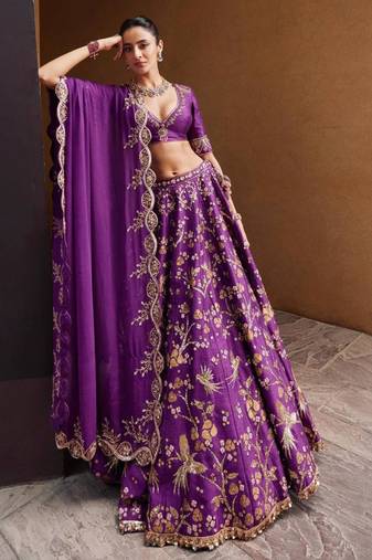 purple silk blend embroidered lehenga set