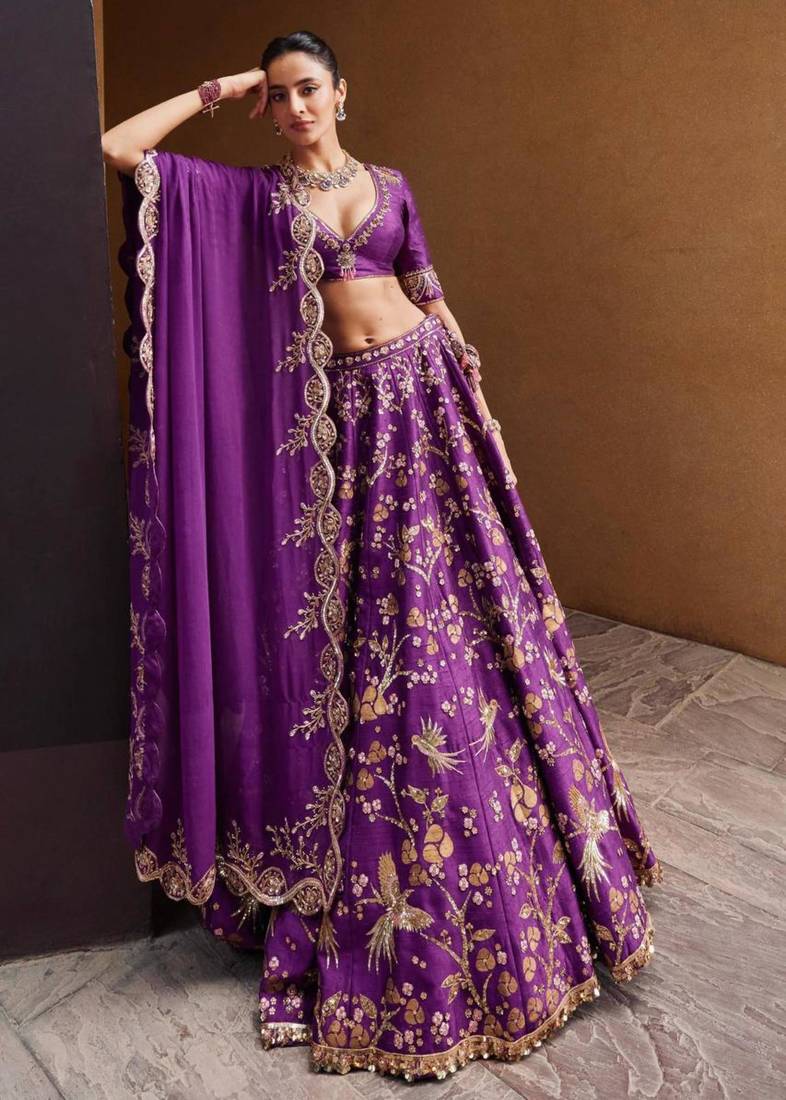purple silk blend embroidered lehenga set