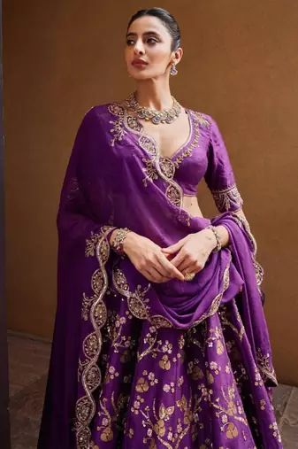 purple silk blend embroidered lehenga set