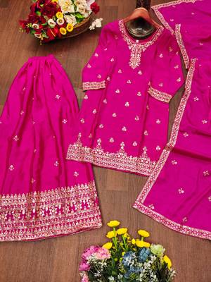 Pink designer chinon sequins embroidered work readymade suit 3