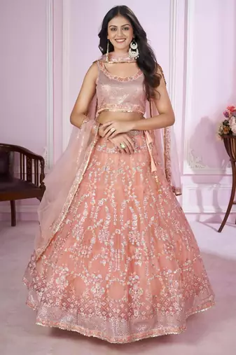 peach net embroidered lehenga set
