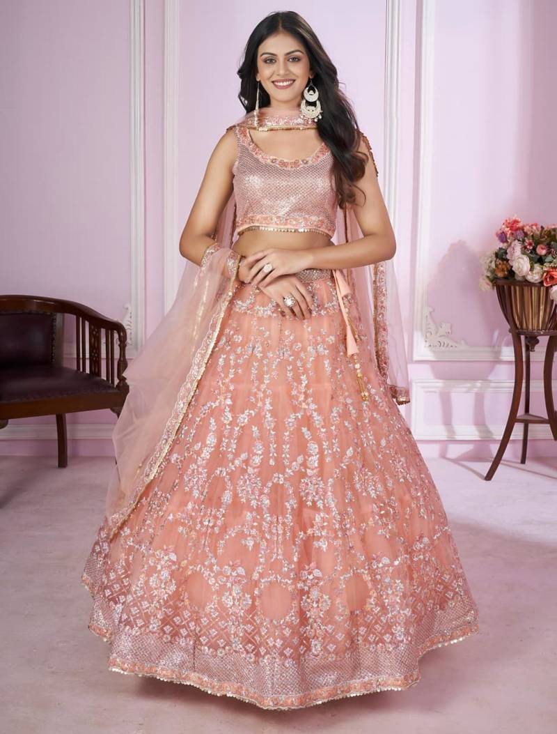 peach net embroidered lehenga set