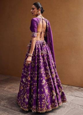 purple silk blend embroidered lehenga set 4