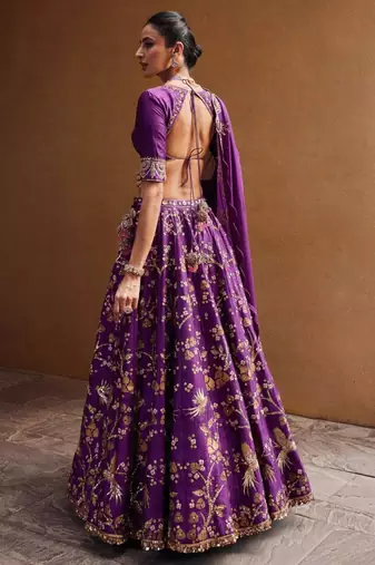 purple silk blend embroidered lehenga set