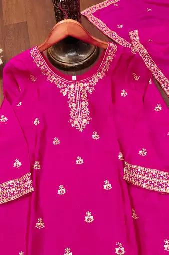 Pink designer chinon sequins embroidered work readymade suit