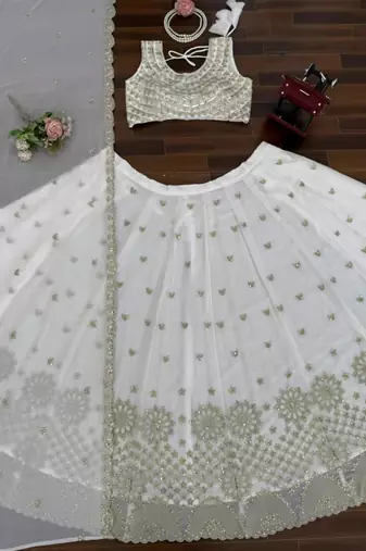 white georgette embroidered lehenga set