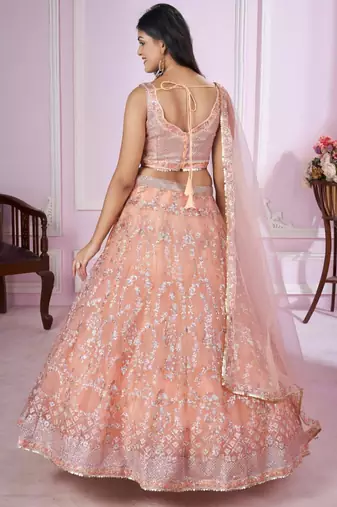 peach net embroidered lehenga set