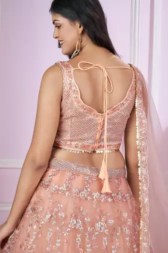 peach net embroidered lehenga set
