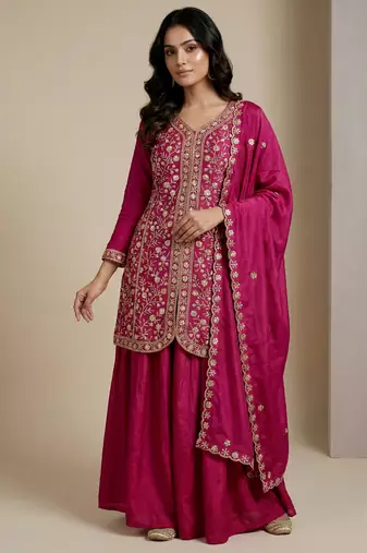Pink designer chinon sequins embroidered work readymade suit