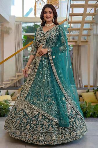 sea green net embroidered lehenga set