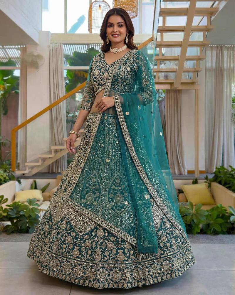 sea green net embroidered lehenga set
