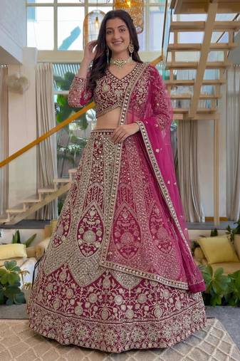magenta net embroidered lehenga set