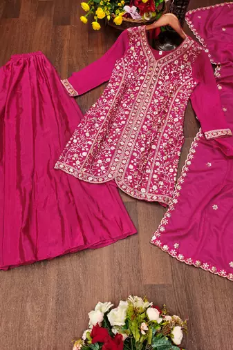 Pink designer chinon sequins embroidered work readymade suit