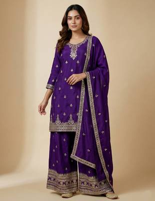 Purple designer chinon sequins embroidered work readymade suit 1