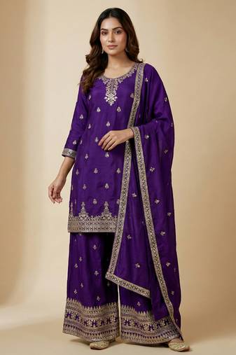 Purple designer chinon sequins embroidered work readymade suit