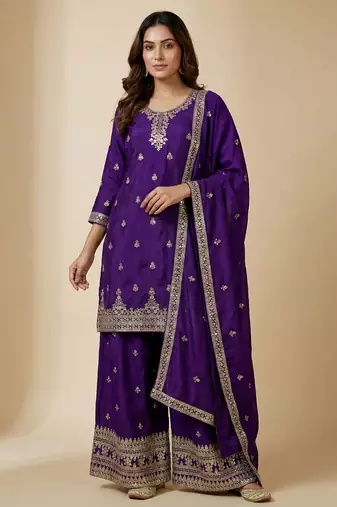 Purple designer chinon sequins embroidered work readymade suit