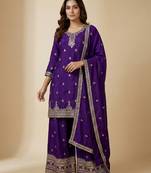 Purple designer chinon sequins embroidered work readymade suit