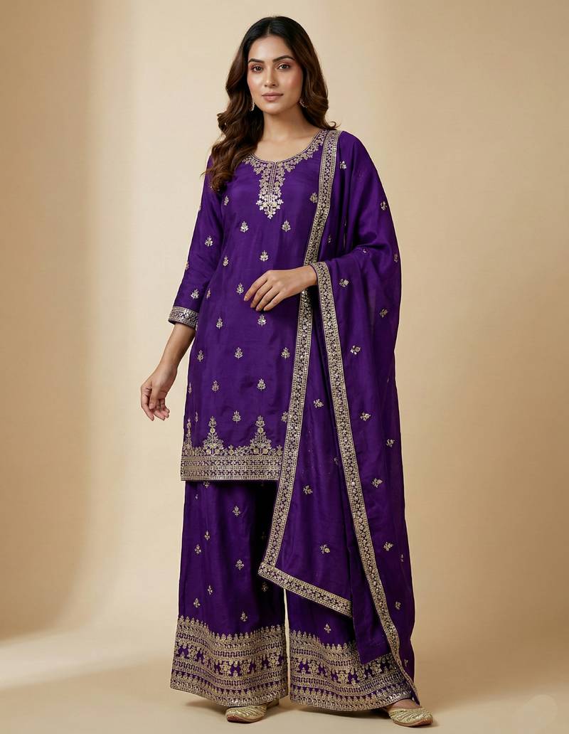 Purple designer chinon sequins embroidered work readymade suit