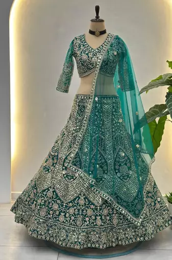 sea green net embroidered lehenga set
