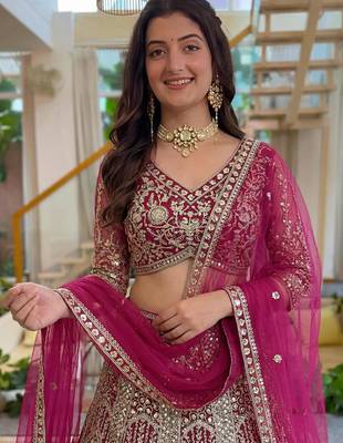 magenta net embroidered lehenga set 2