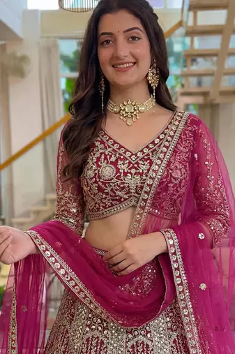magenta net embroidered lehenga set
