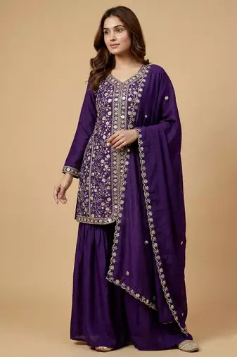 Purple designer chinon sequins embroidered work readymade suit