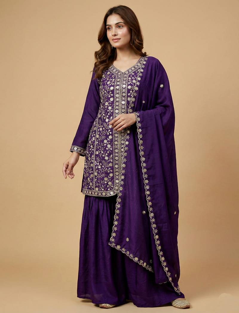Purple designer chinon sequins embroidered work readymade suit