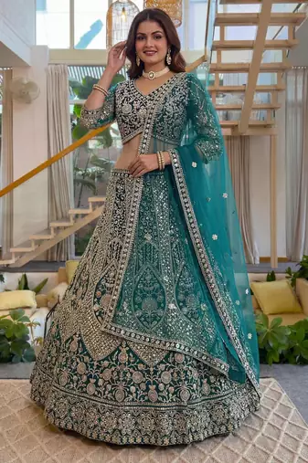 sea green net embroidered lehenga set