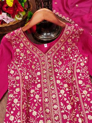 Pink designer chinon sequins embroidered work readymade suit 4