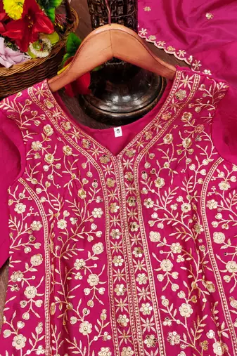 Pink designer chinon sequins embroidered work readymade suit