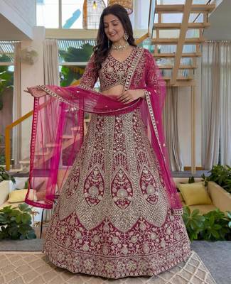 magenta net embroidered lehenga set 3