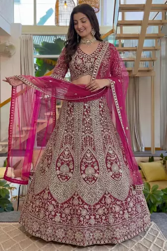 magenta net embroidered lehenga set