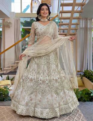 cream net embroidered lehenga set 1