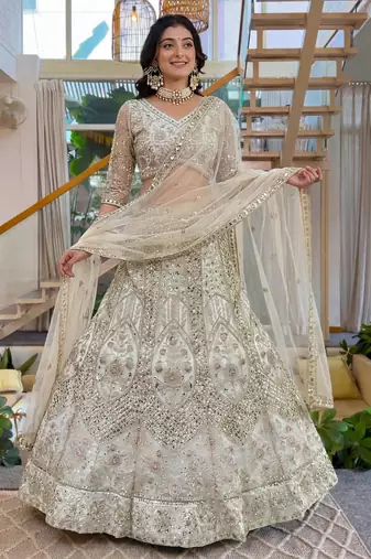 cream net embroidered lehenga set