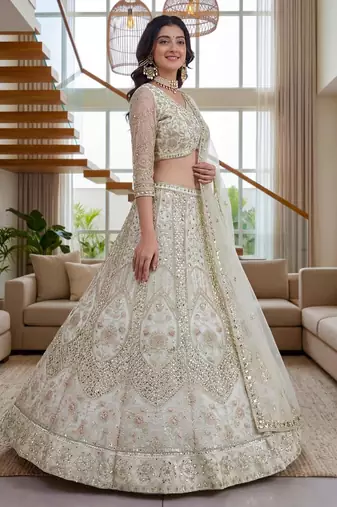 cream net embroidered lehenga set