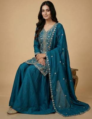 Teal designer chinon sequins embroidered work readymade suit 2