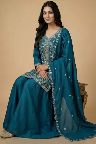 Teal designer chinon sequins embroidered work readymade suit