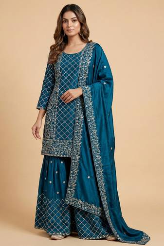 Teal blue designer chinon sequins embroidered work readymade suit