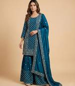 Teal blue designer chinon sequins embroidered work readymade suit