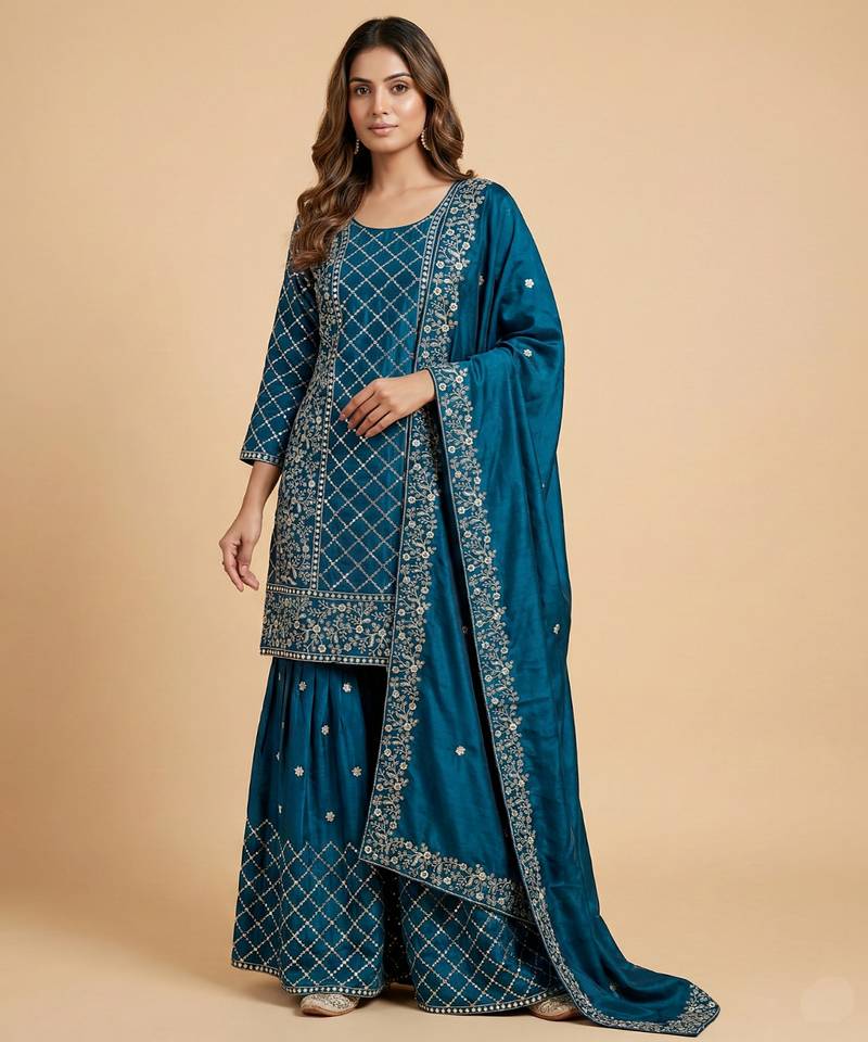Teal blue designer chinon sequins embroidered work readymade suit