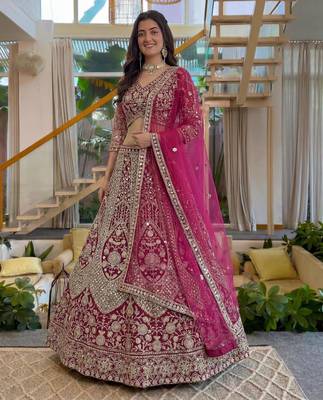 magenta net embroidered lehenga set 4