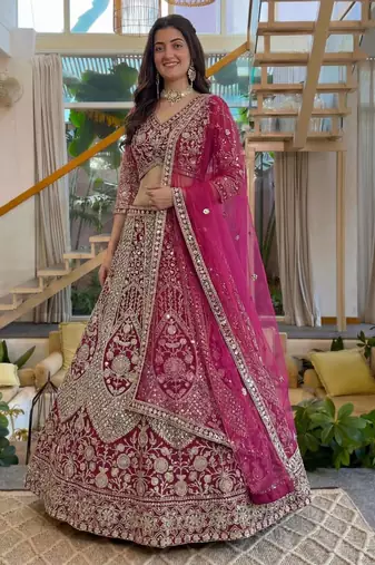 magenta net embroidered lehenga set