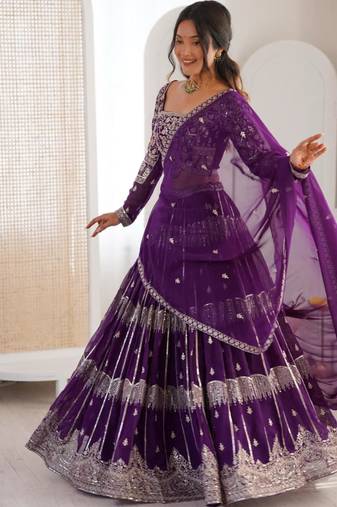 purple georgette embroidered lehenga set