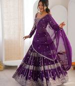 purple georgette embroidered lehenga set
