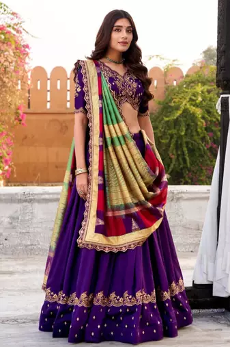 purple silk blend embroidered lehenga set